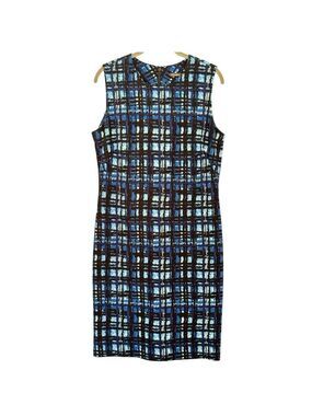 J. McLaughlin Size L Blue Black Abstract Plaid Jersey Sheath Dress Sleeveless